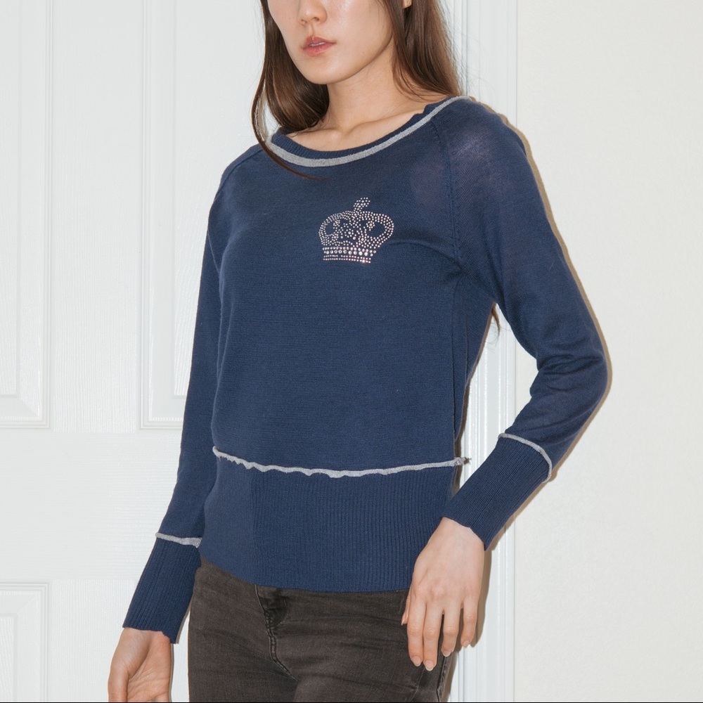 Vintage 2000s y2k Anna Sui rhinestone crown tiara navy blue sweater